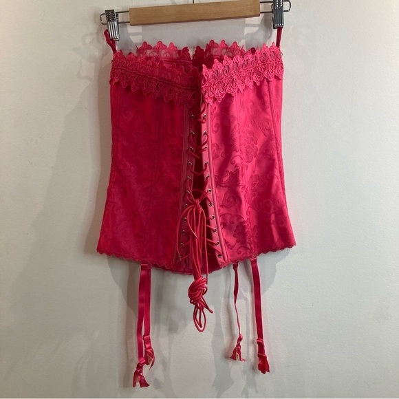 FREDERICK’S OF HOLLYWOOD Sz 34 Fuchsia Pink Lace Brocade Boning Lace Up  Bustier - Picture 9 of 13